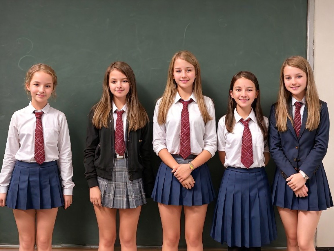 Group of Five Girls in School Uniforms by Chalkboard