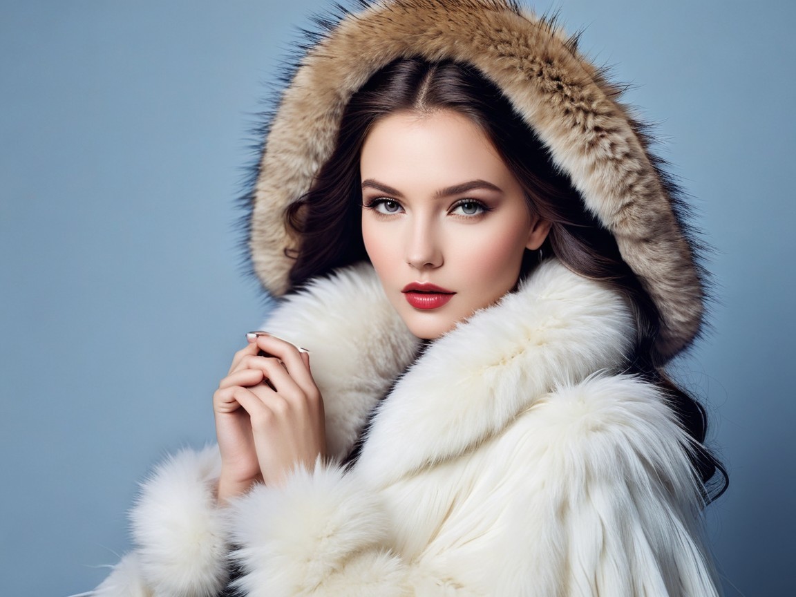Elegant Young Woman in White Fur Coat and Makeup