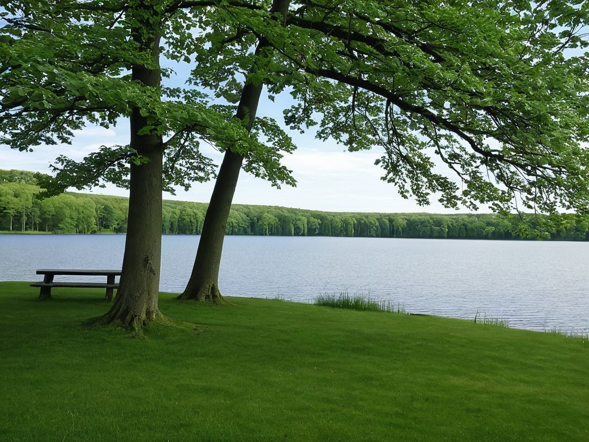 Serene Lakeside Scene with Trees and Picnic Table
