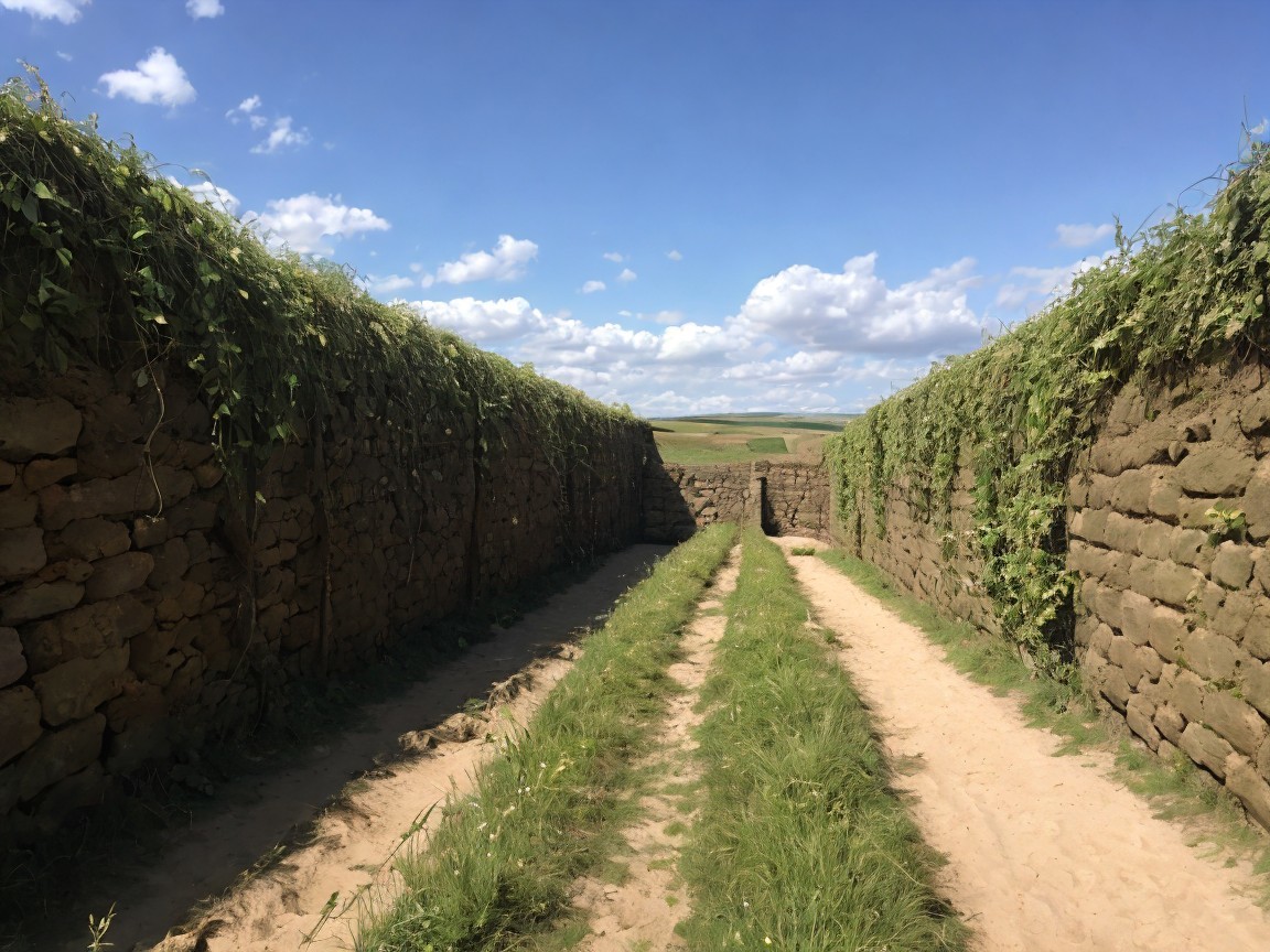 Serene landscape with stone walls and vibrant sky