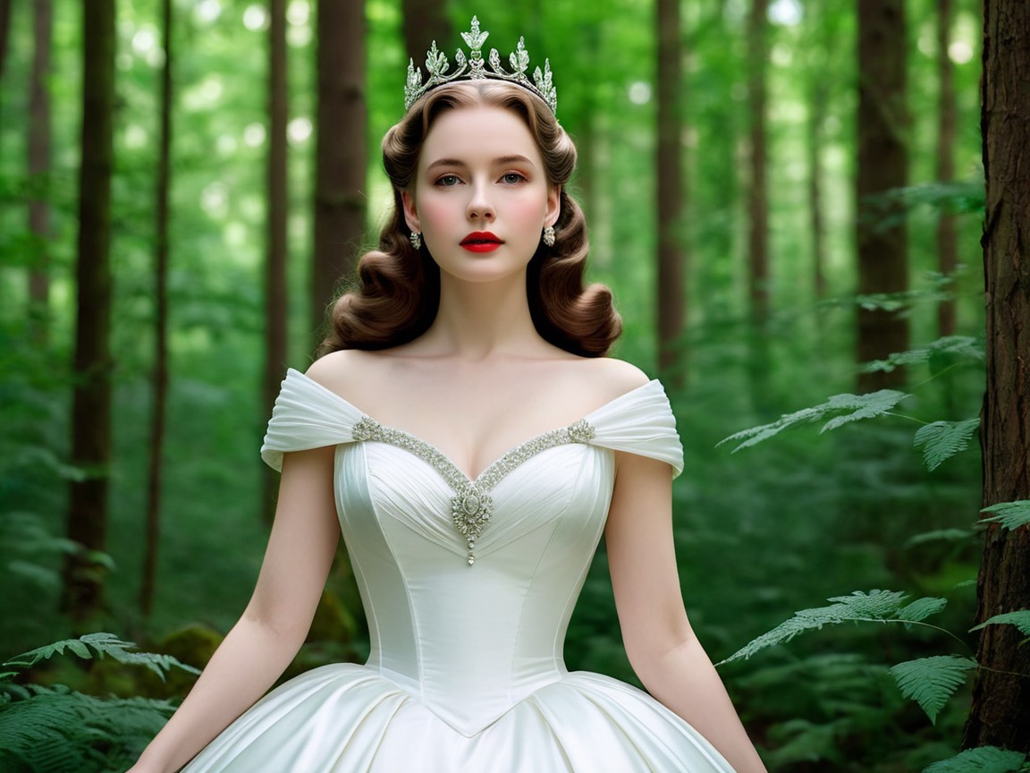 Regal figure in white gown in lush green forest