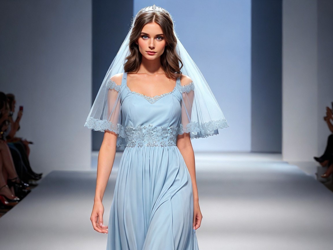 Light Blue Gown with Lace Detailing on Runway