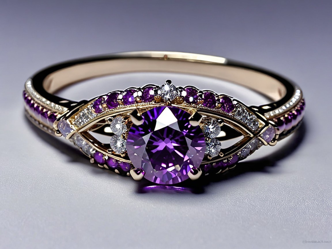 Amethyst and Diamond Halo Ring with Gold Band