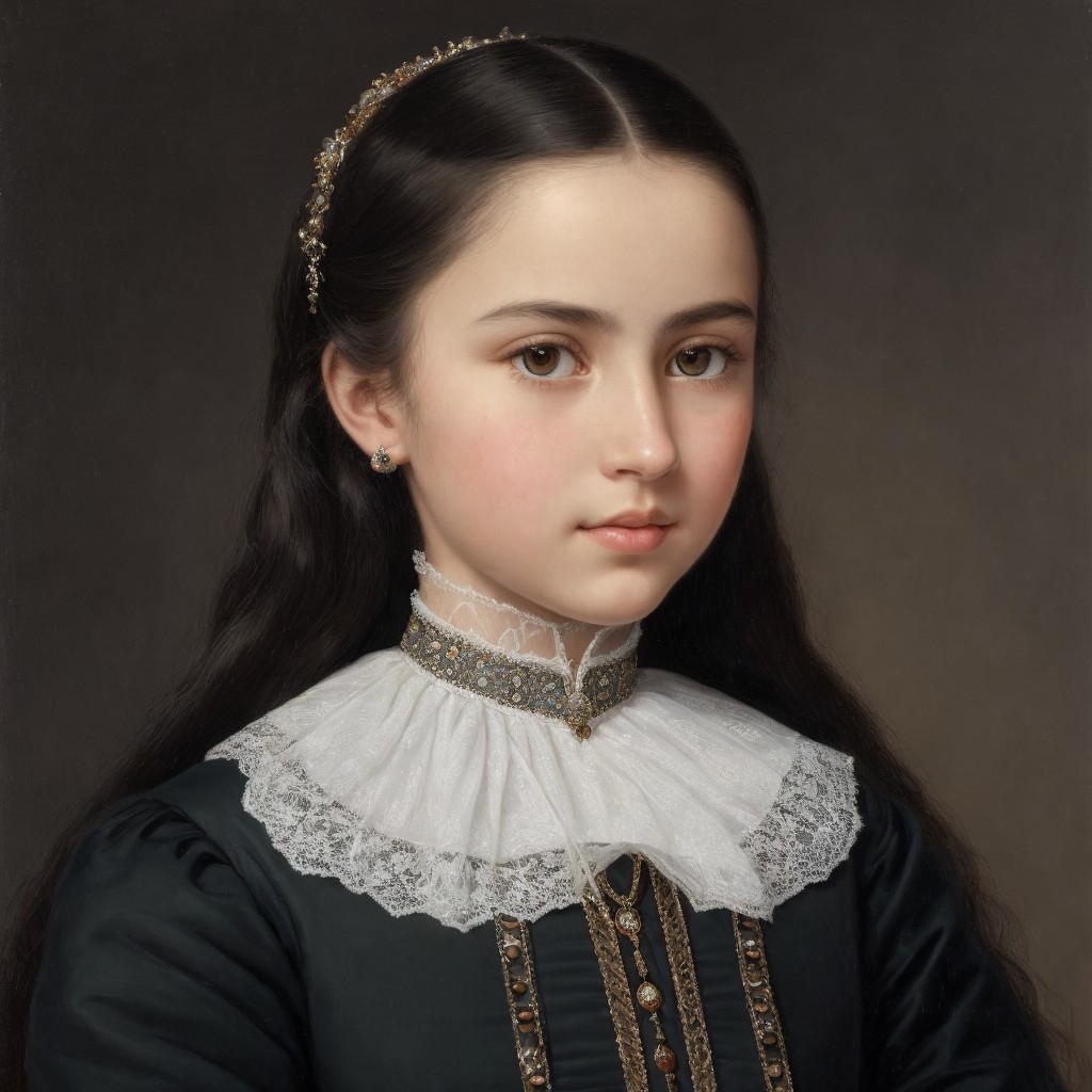 Young girl in elegant dark gown with lace collar