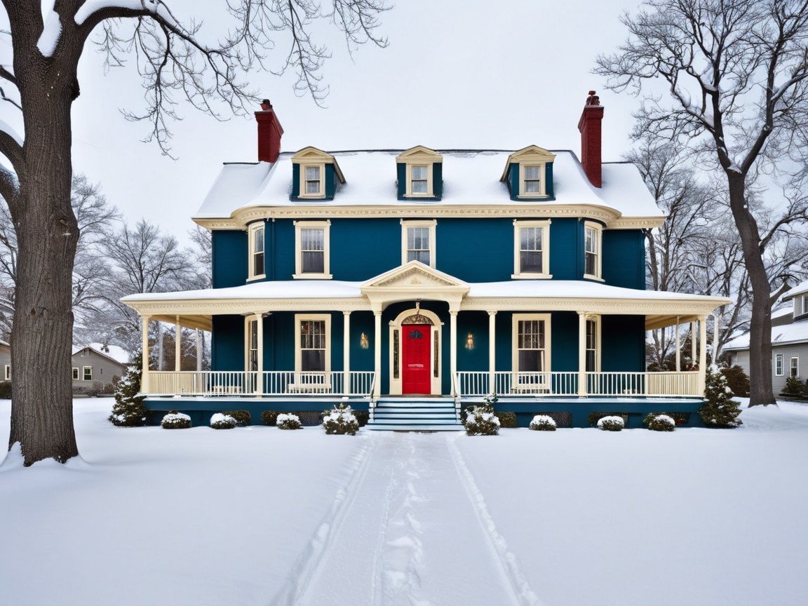 Victorian-Style House in Winter Landscape with Snow
