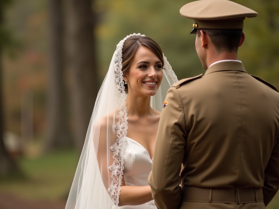 Bride in White Gown with Military Partner Outdoors