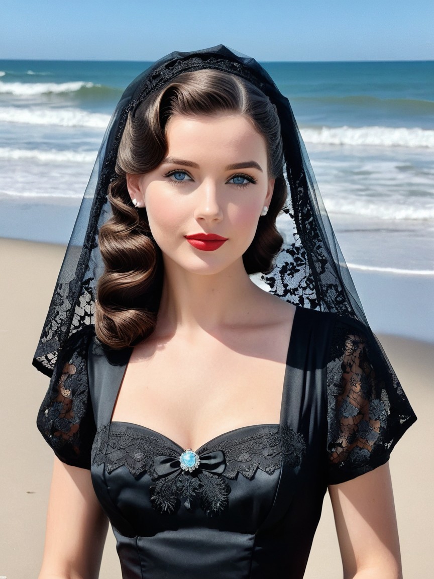 Young woman in vintage black dress on sandy beach