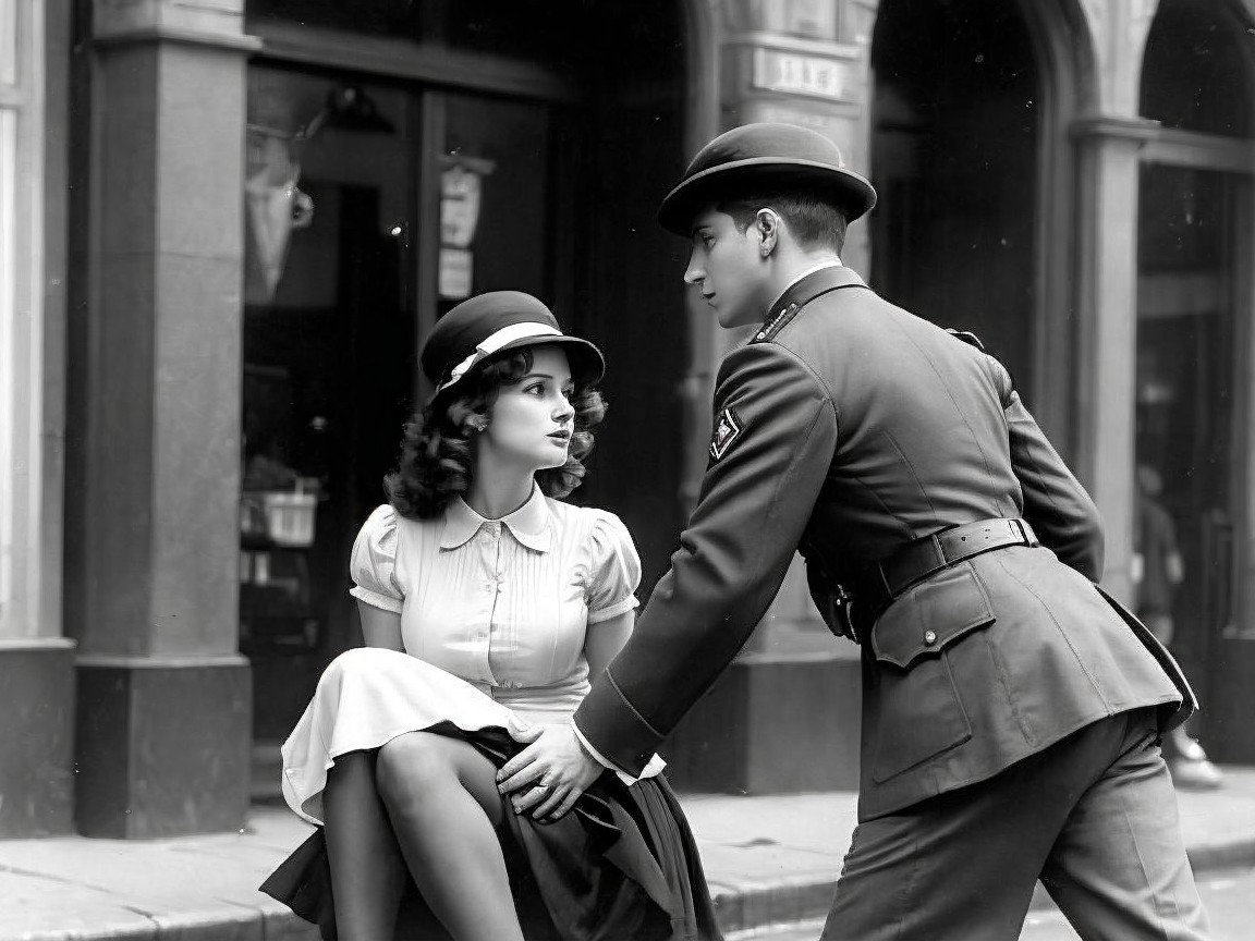 Vintage Fashion and Flirtation in Urban Setting