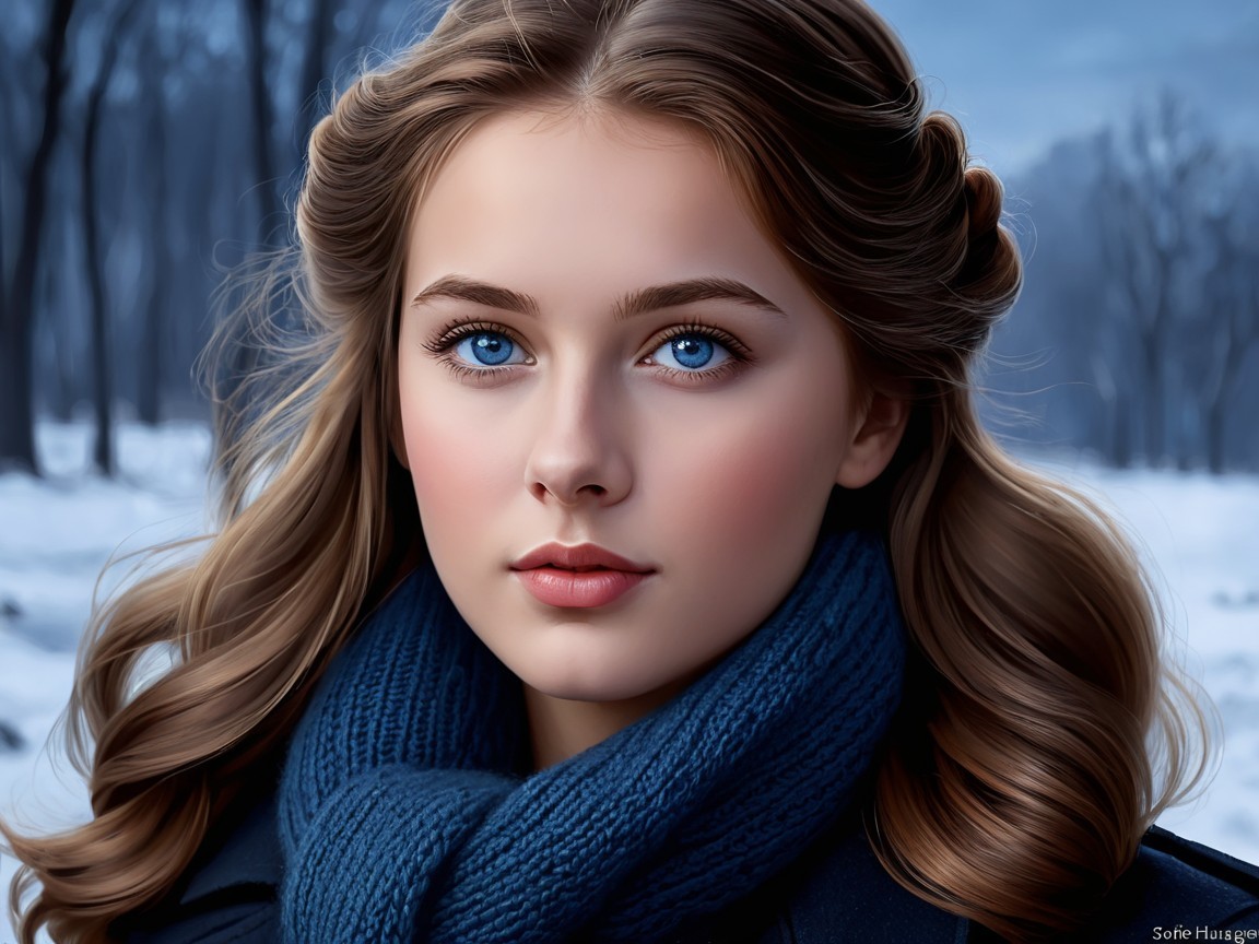 Young woman in winter landscape with blue eyes