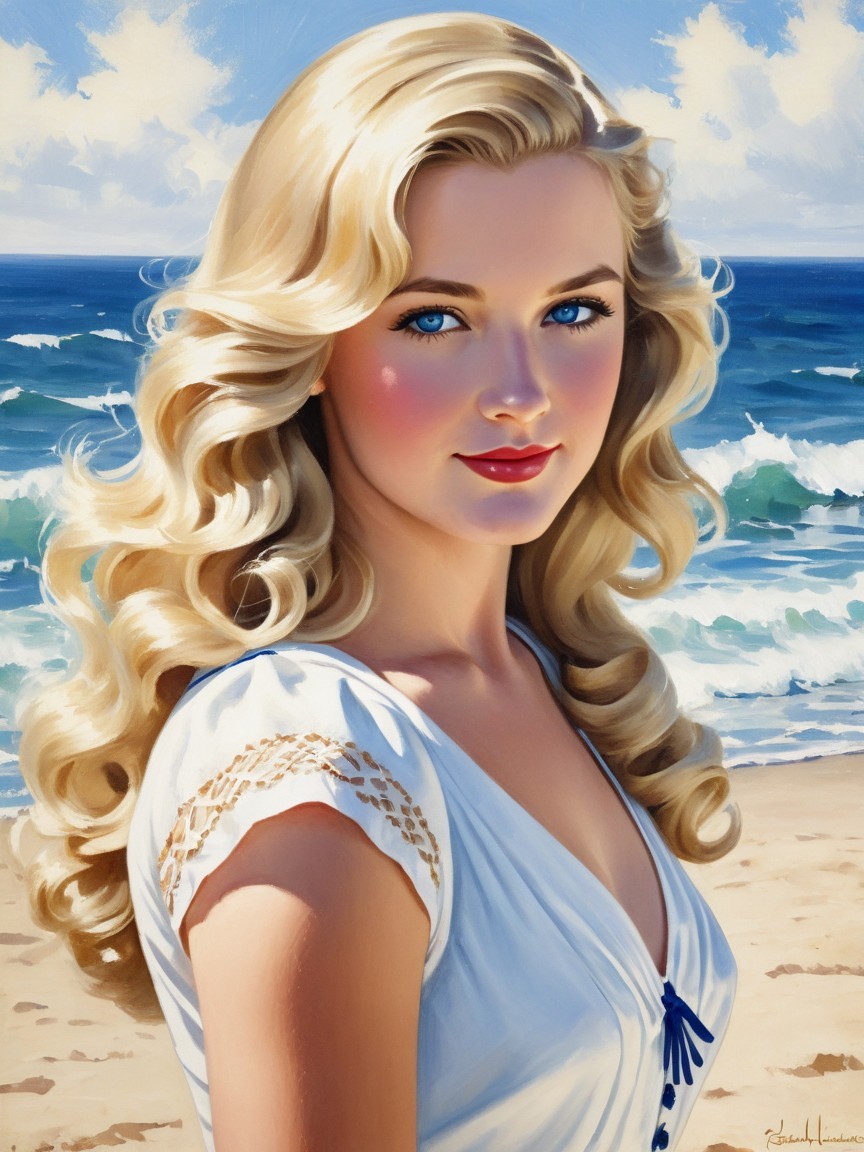 Young Woman in White Blouse by the Beach Waves