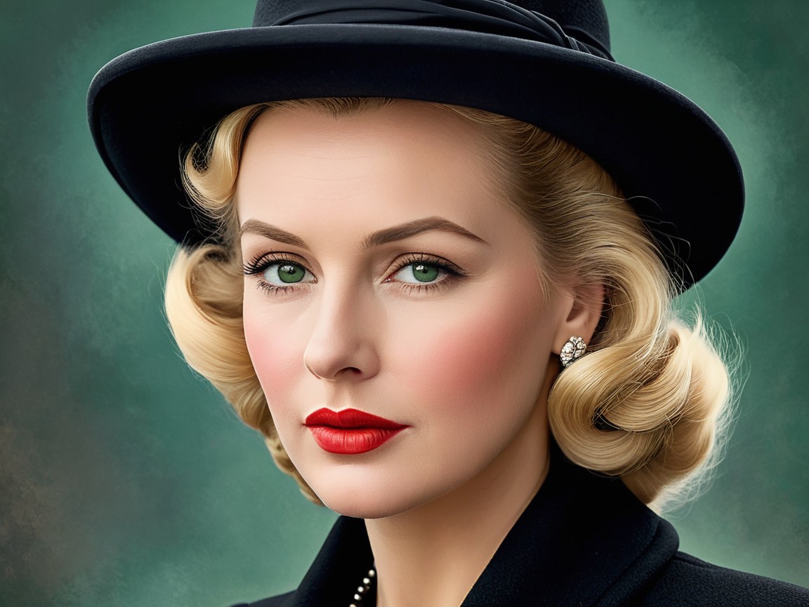 Glamorous Woman in Vintage Elegance with Black Hat