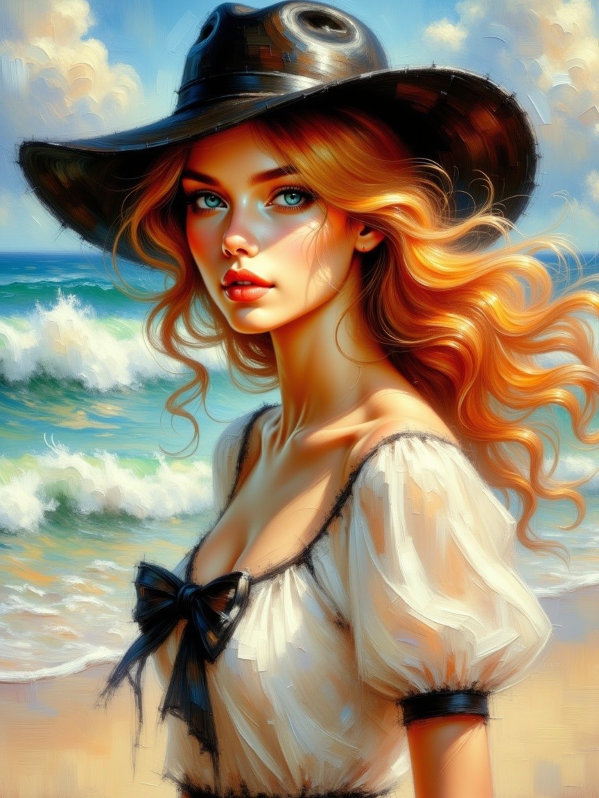 Young Woman in Blouse and Hat on Serene Beach