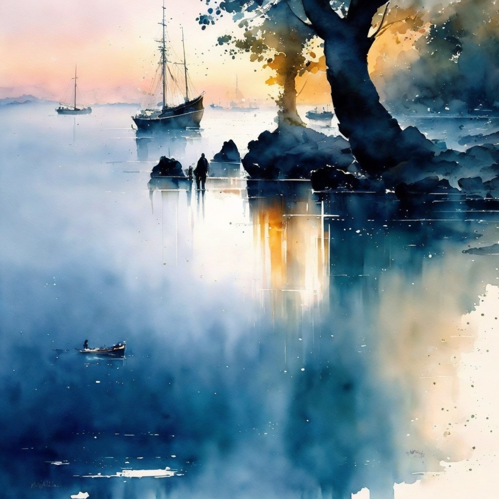 Tranquil Lake at Dawn with Silhouetted Trees
