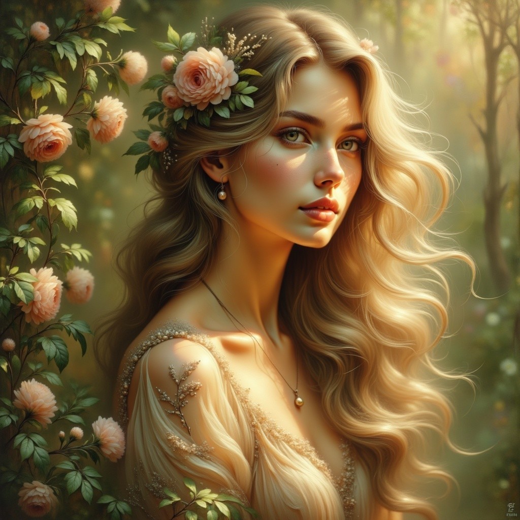 Ethereal Woman in Floral Garden with Soft Light