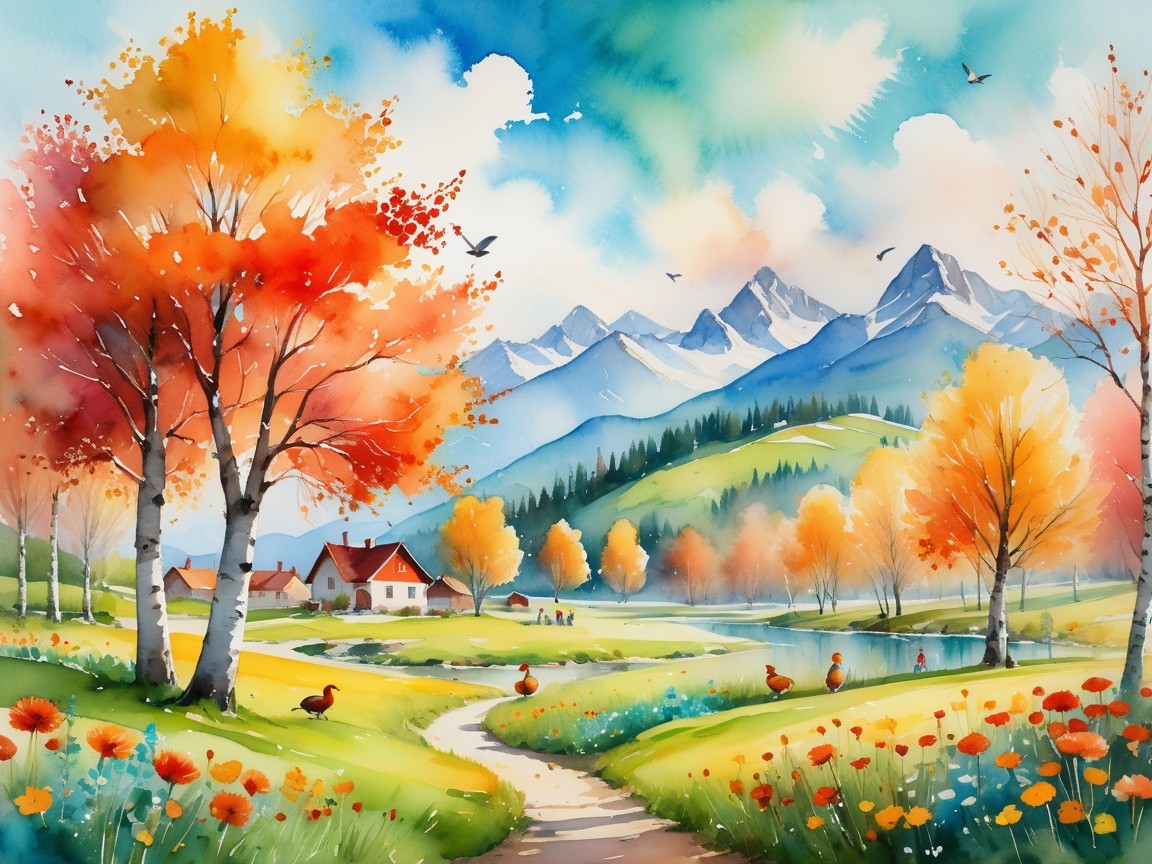 Vibrant Autumn Landscape with Mountains and Lake