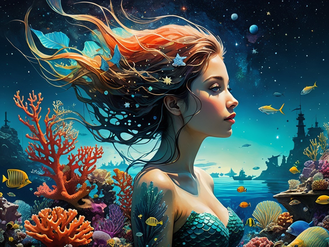 Underwater Scene with Colorful Hair and Coral Reefs