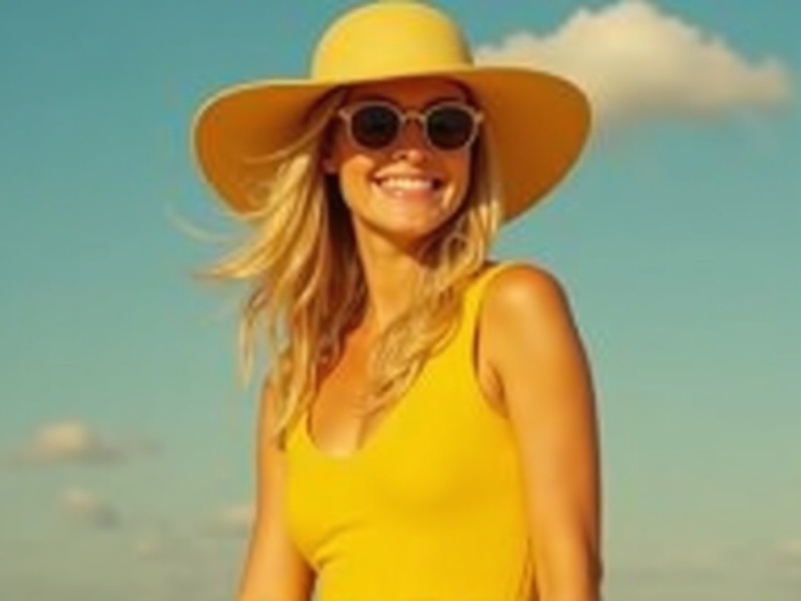 Woman in yellow swimsuit under blue sky at beach