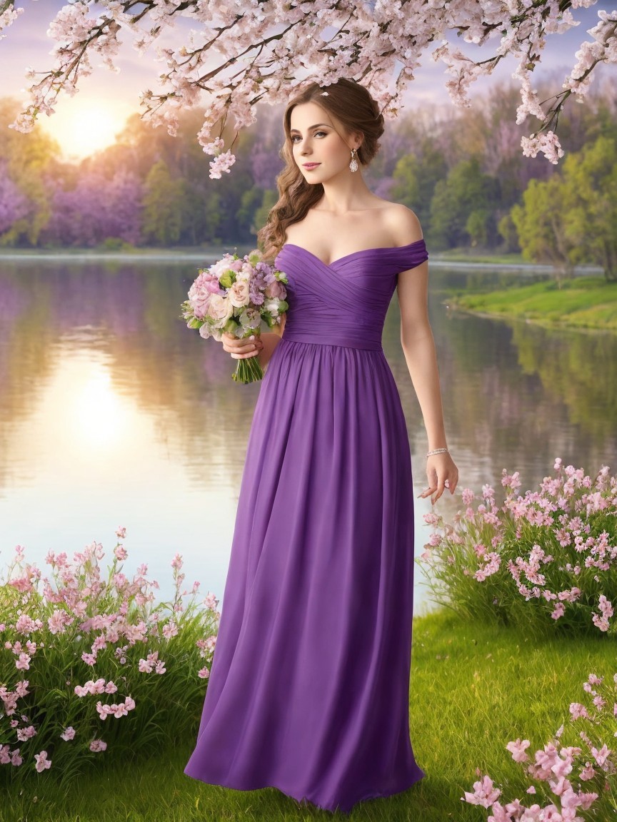 Elegant Woman in Purple Gown by Serene Lake at Sunset