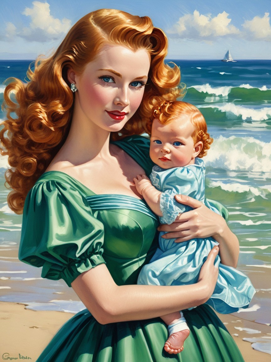 Glamorous Woman with Baby on Beach Scene