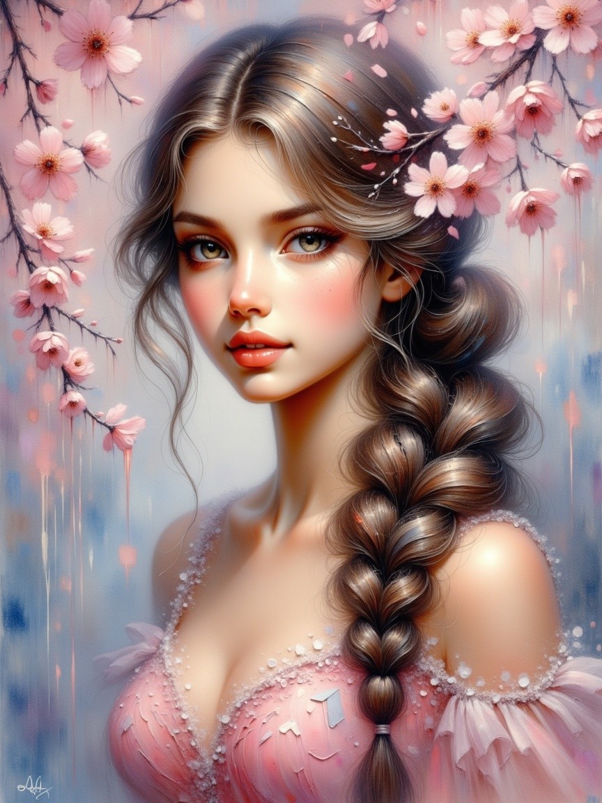 Young Woman in Pastel Gown among Cherry Blossoms