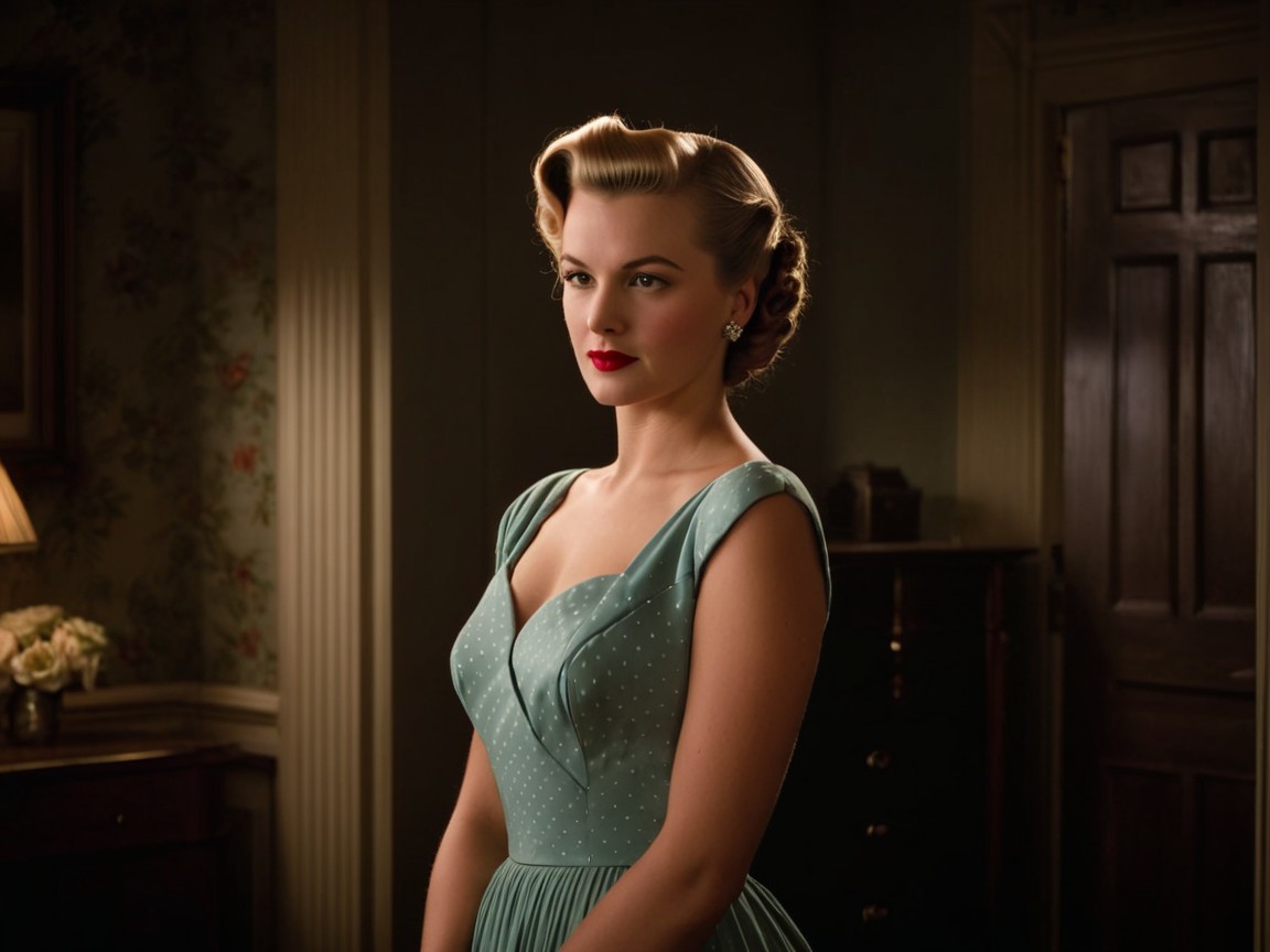 1950s Glamour: Woman in Mint Green Polka Dot Dress