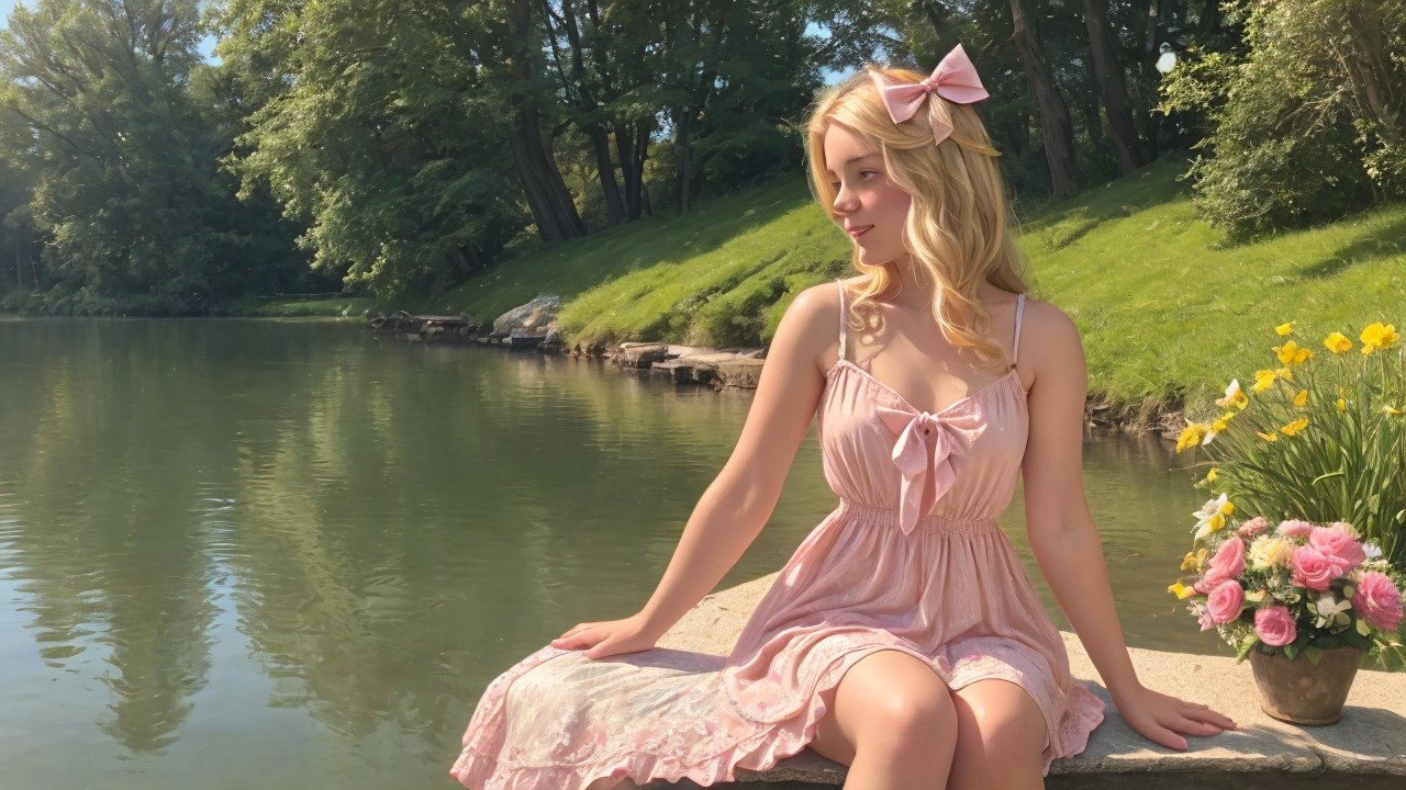 Young woman in pink dress by serene riverbank