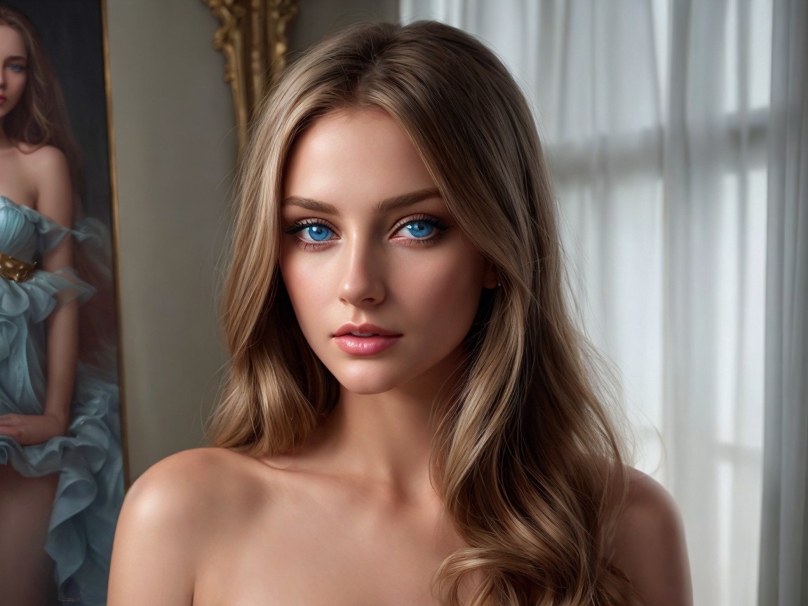 Portrait of a Young Woman with Blue Eyes and Wavy Hair