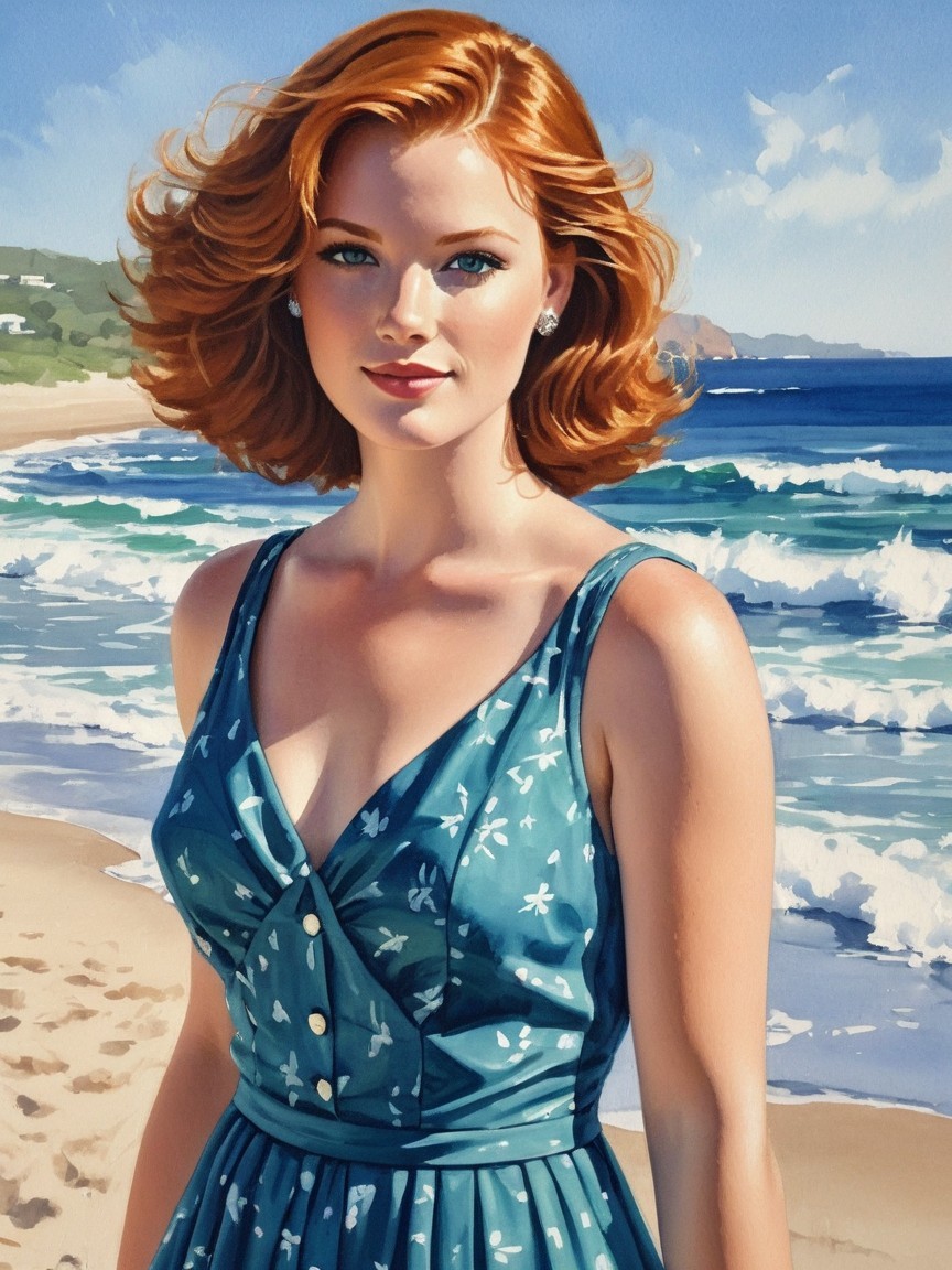 Young woman in teal dress at a beach scene