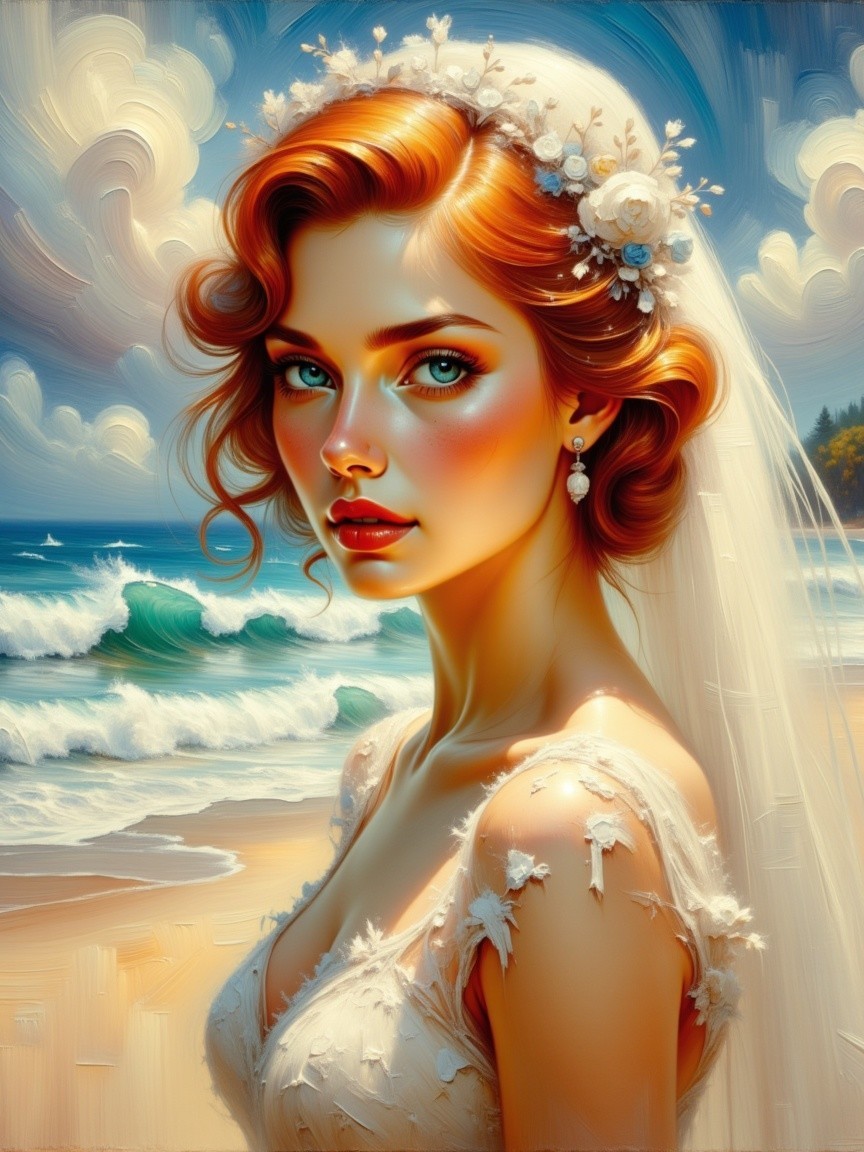 Bride in Wedding Gown Against Beach and Ocean Waves