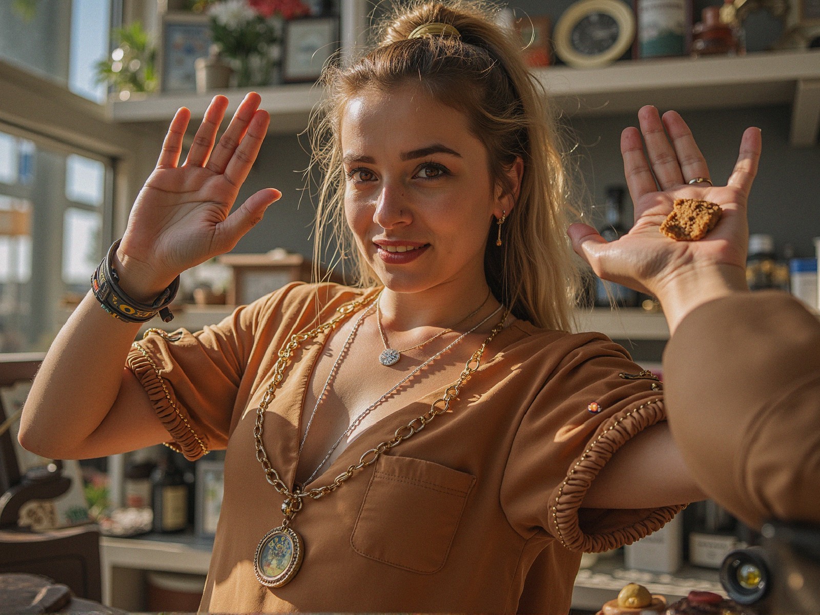 Young Woman in Sunlit Kitchen with Cookie and Decor