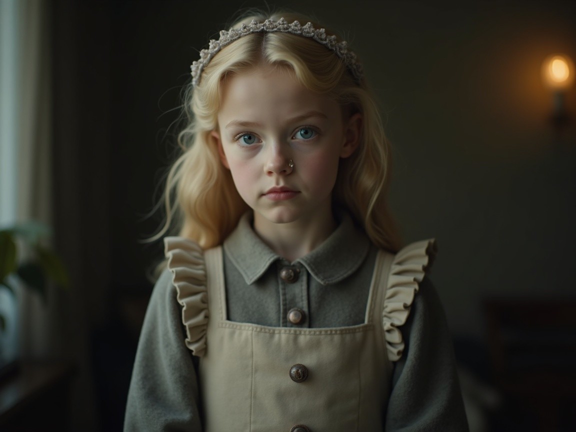 Young girl in grey blouse and beige pinafore, serene scene
