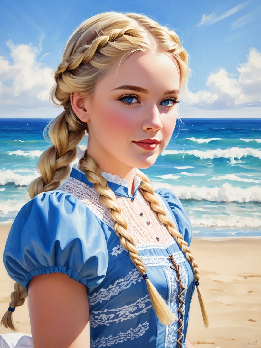 Young girl in blue dress at picturesque beach scene
