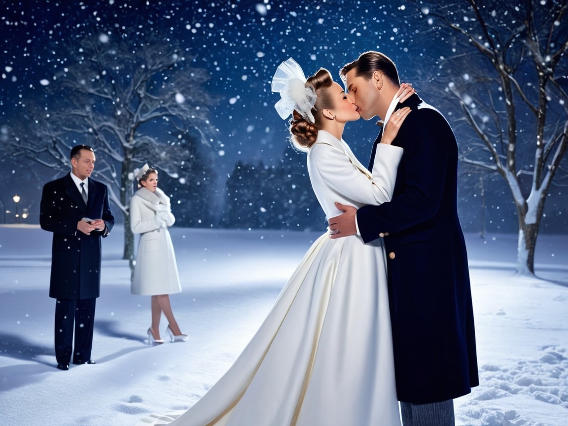 Couple Kissing in Snowy Moonlit Park Scene