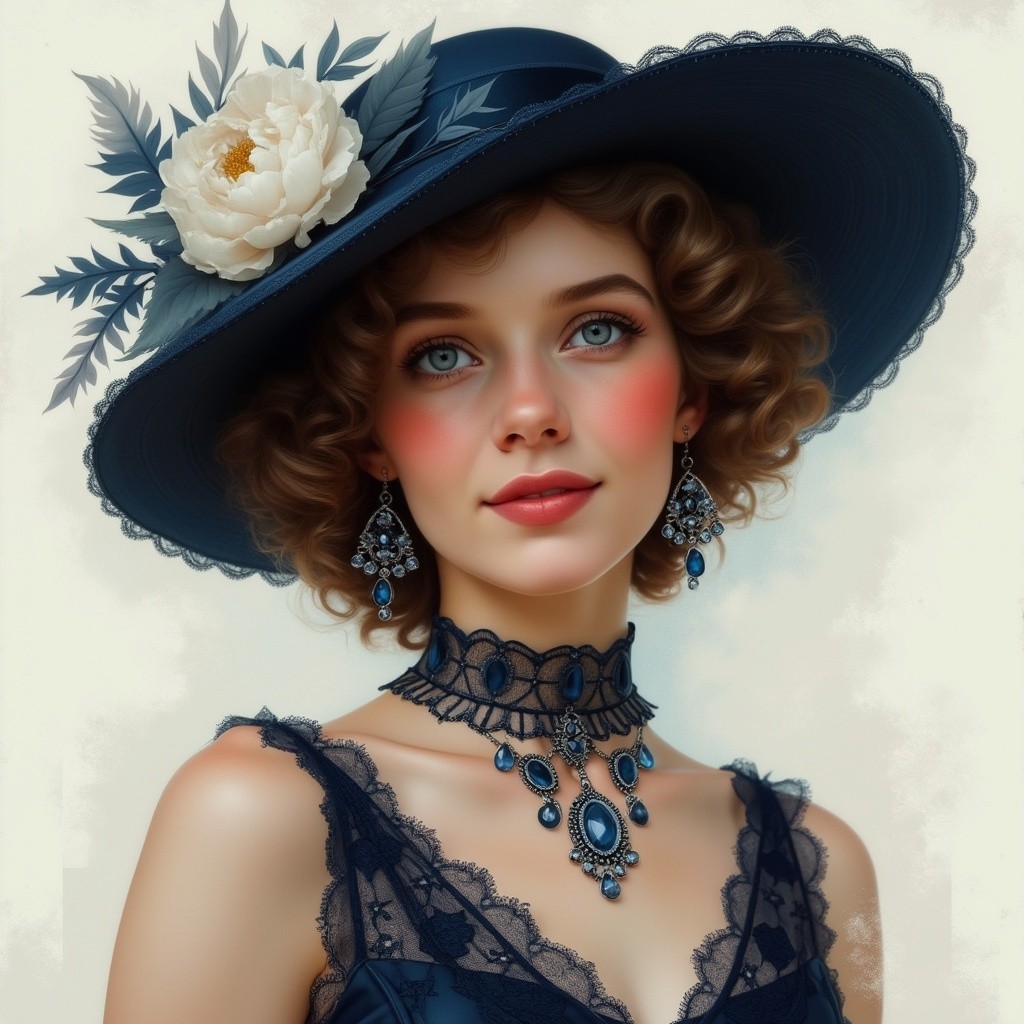 Young woman in navy hat and dark lace dress