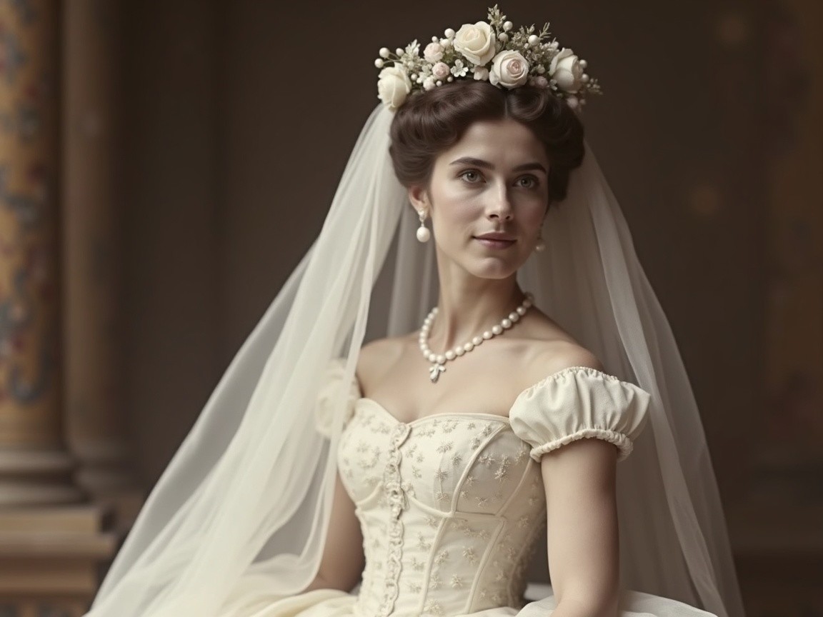 Elegant Bride in Vintage Wedding Gown with Floral Crown