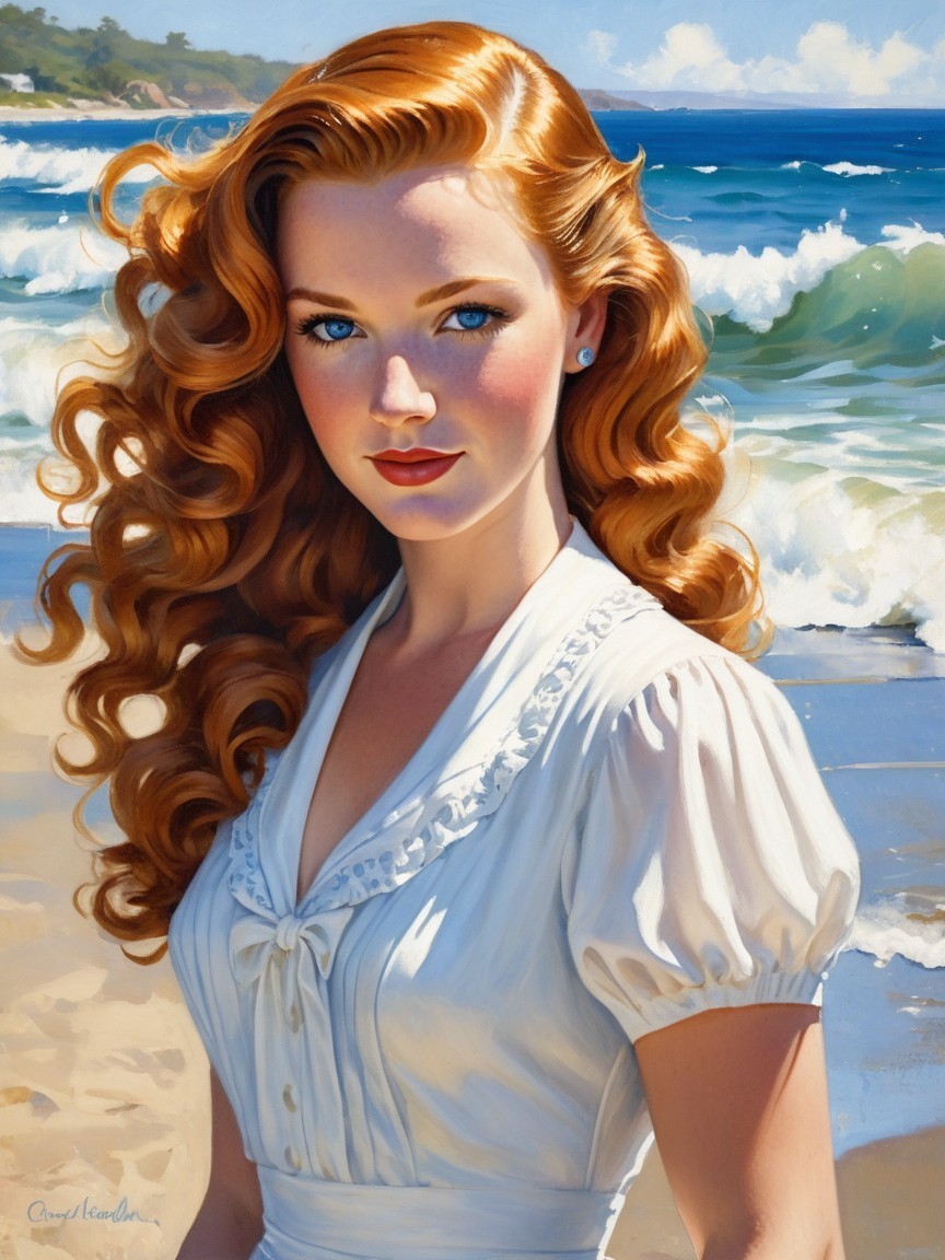 Young woman with red hair on a beach with waves