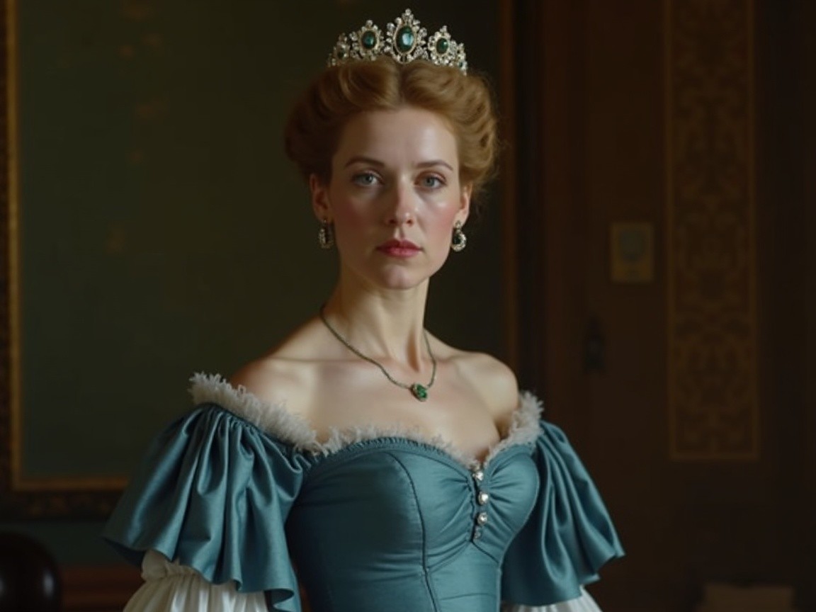 Elegant Woman in Blue Gown with Lavish Background