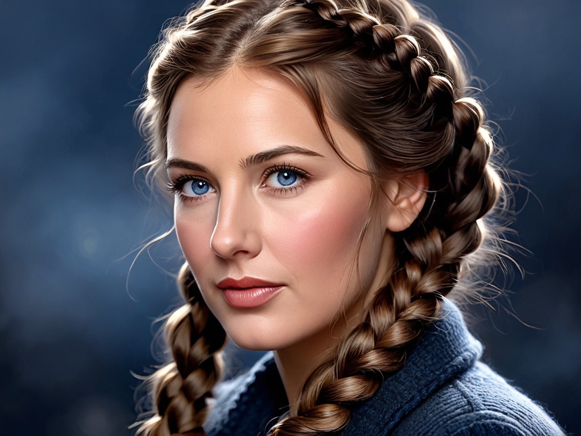 Portrait of a Woman with Blue Eyes and Braided Hair