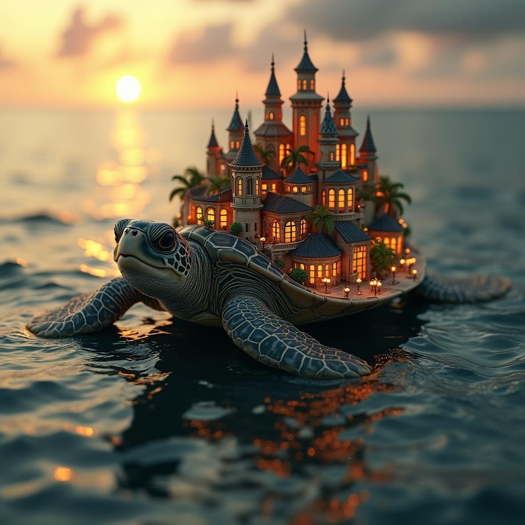 Whimsical Turtle with Cityscape Shell at Sunset