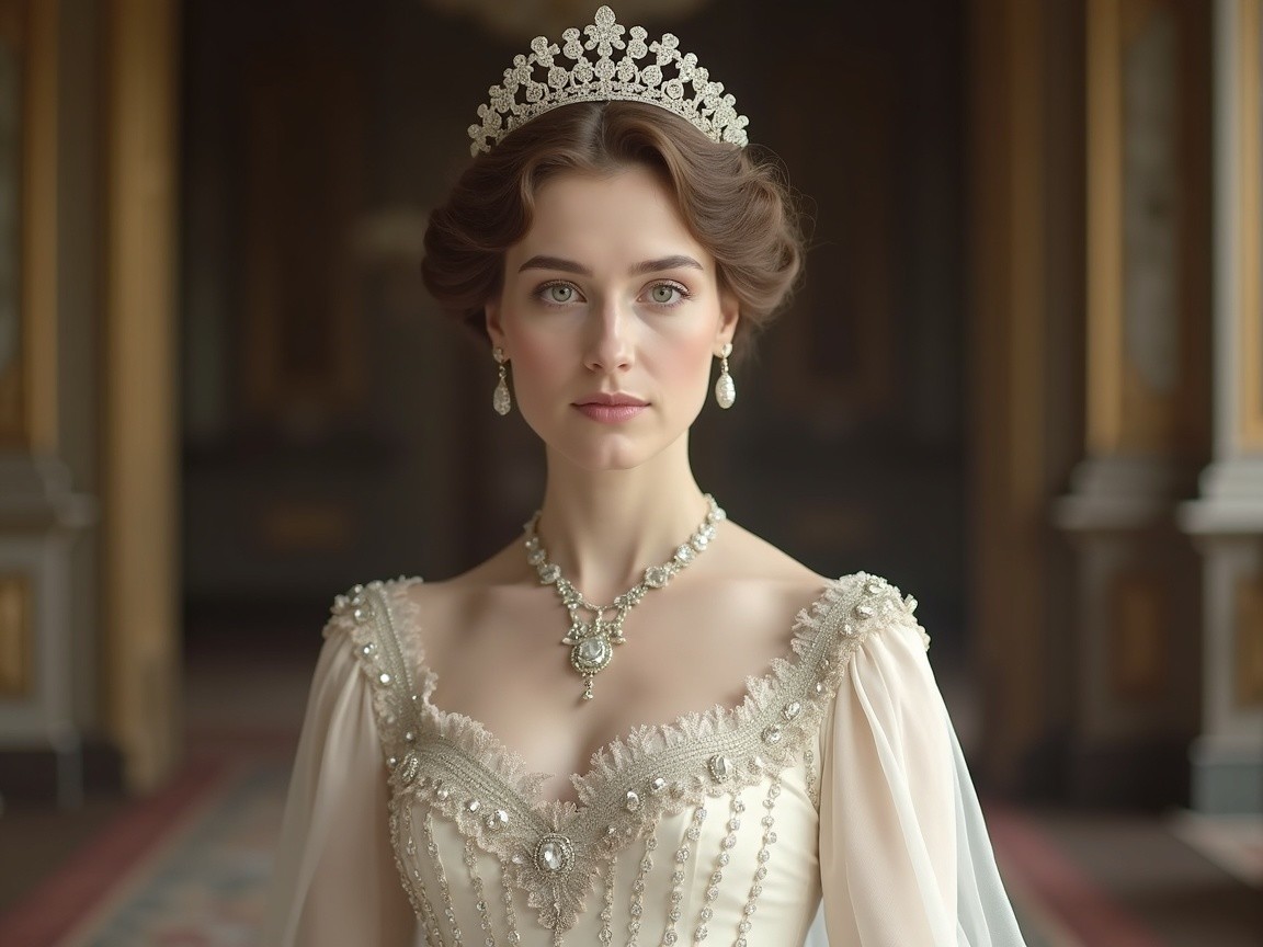 Elegant woman in a pearl-adorned gown with tiara