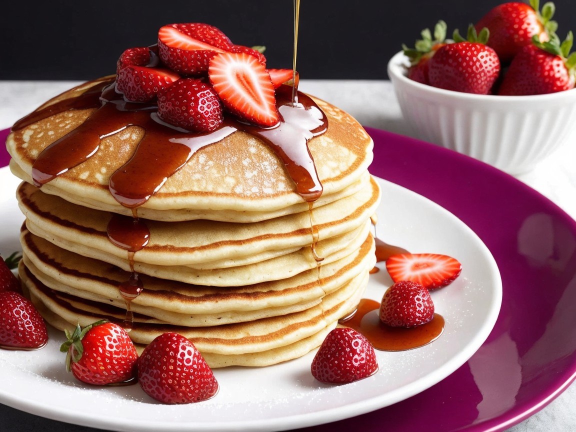 Fluffy pancakes with strawberries on a purple plate