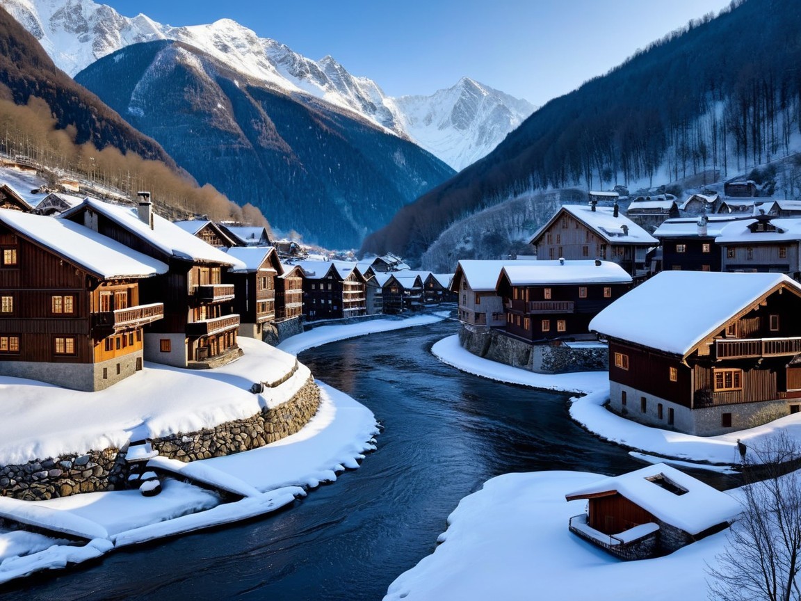 Charming Winter Village Scene in Snowy Valley