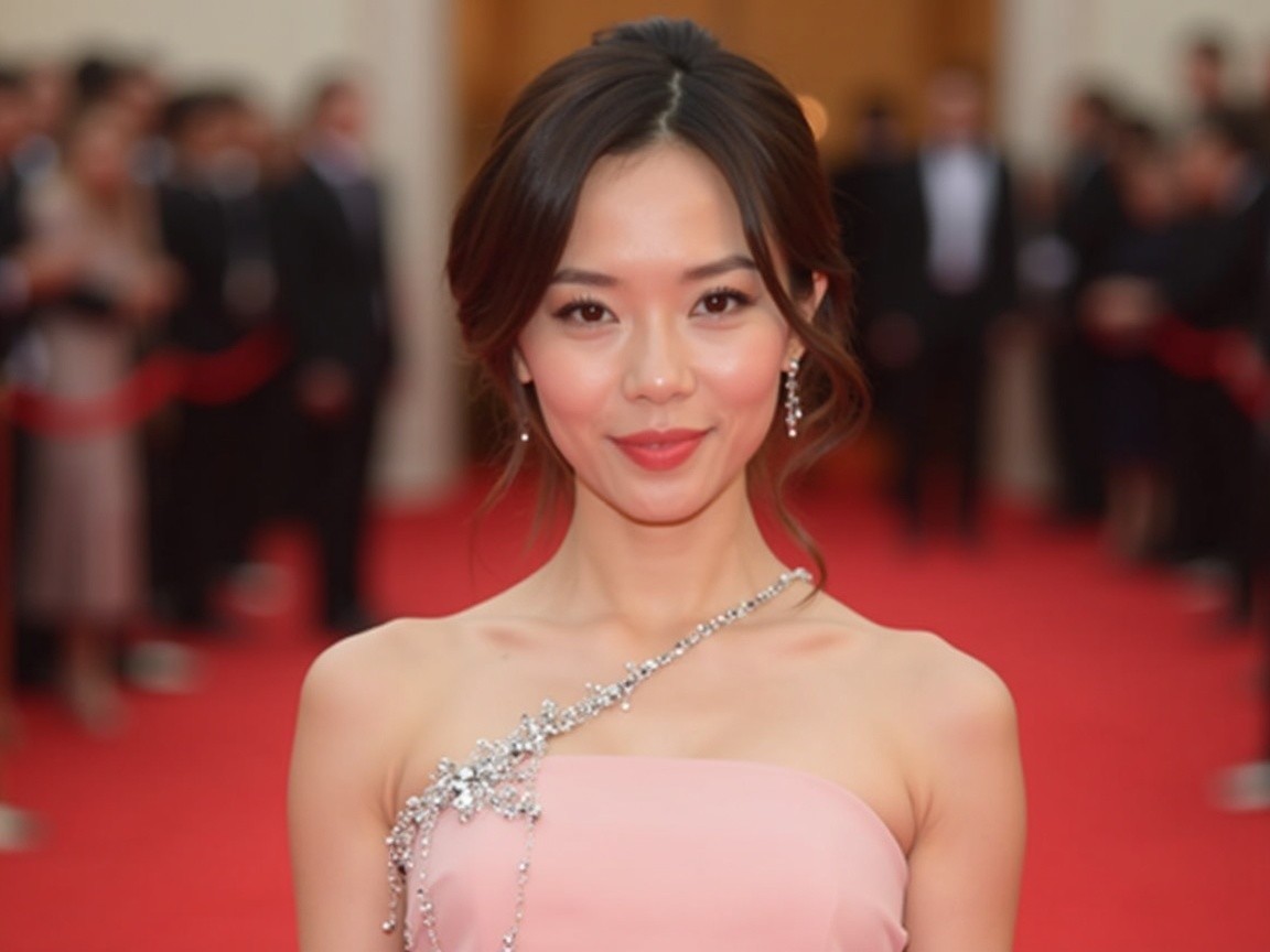 Woman in elegant dress on red carpet with crowd