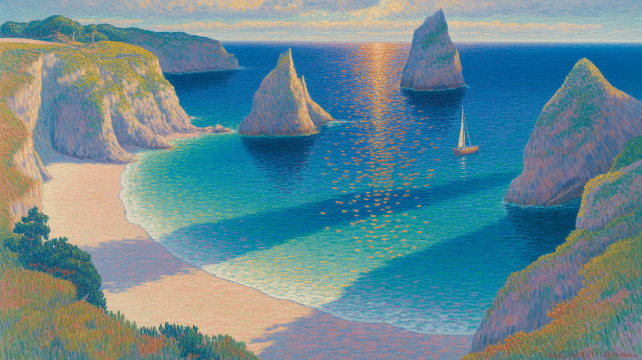 Serene Coastal Scene with Rock Formations and Sailboat