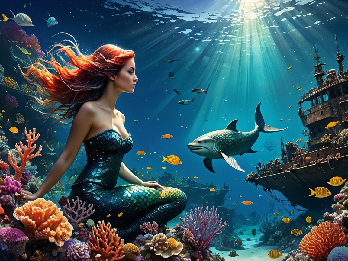 Underwater Scene Featuring Mermaid and Coral Reefs