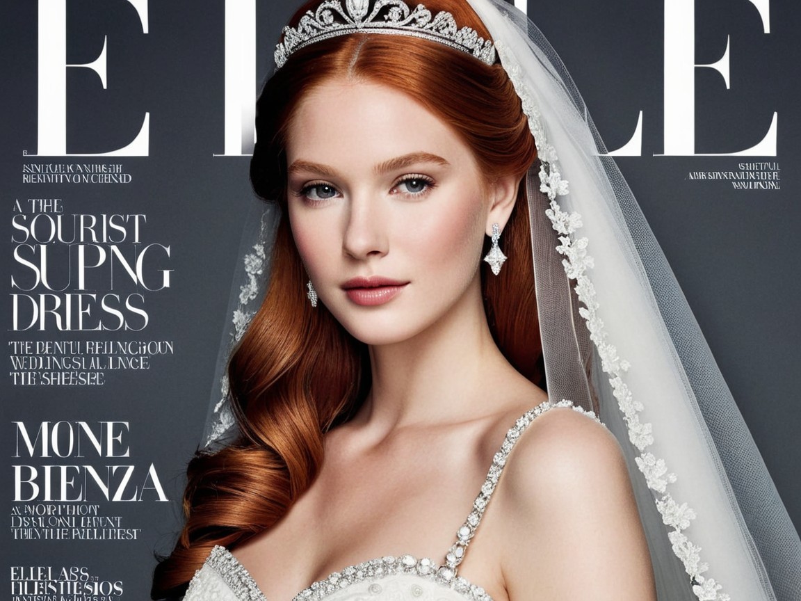Bridal Model with Red Hair in Elegant Wedding Attire