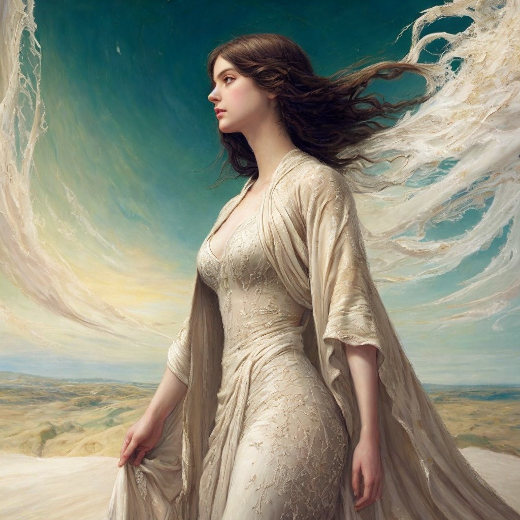 Serene Figure in Flowing Gown Amidst Ethereal Landscape