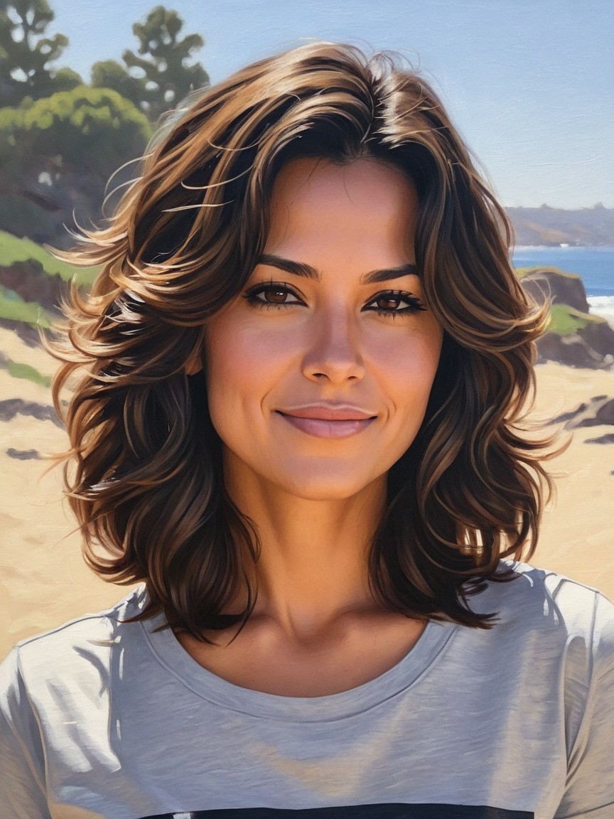 Woman with wavy hair at a sunny beach setting