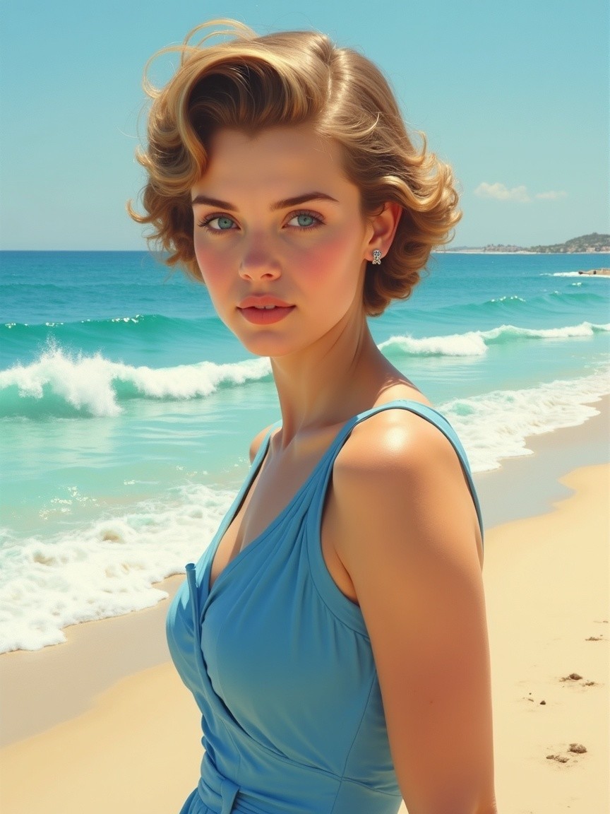 Young Woman in Light Blue Dress at Serene Beach