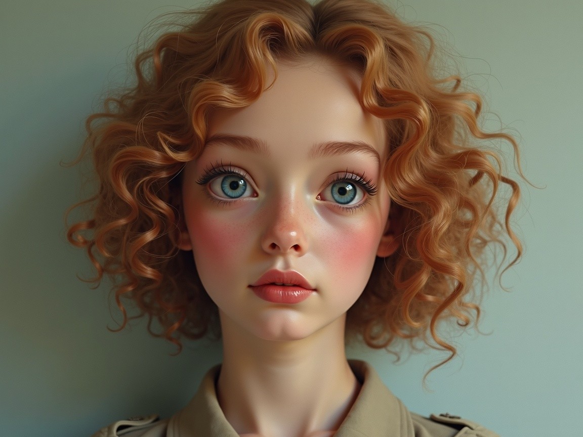 Young girl with curly red hair and blue eyes